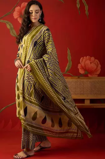 olive green ethnic motifs printed   cotton stitched straight palazzo salwar suit set