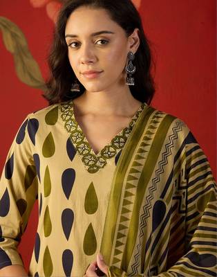 olive green ethnic motifs printed   cotton stitched straight palazzo salwar suit set 3
