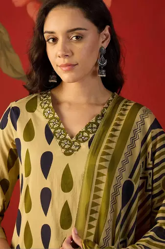 olive green ethnic motifs printed   cotton stitched straight palazzo salwar suit set