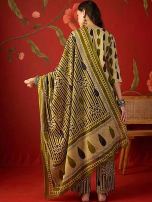 olive green ethnic motifs printed   cotton stitched straight palazzo salwar suit set 4