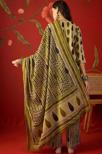 olive green ethnic motifs printed   cotton stitched straight palazzo salwar suit set