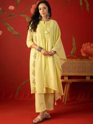 yellow floral embroidered   cotton stitched straight trouser salwar suit set 1