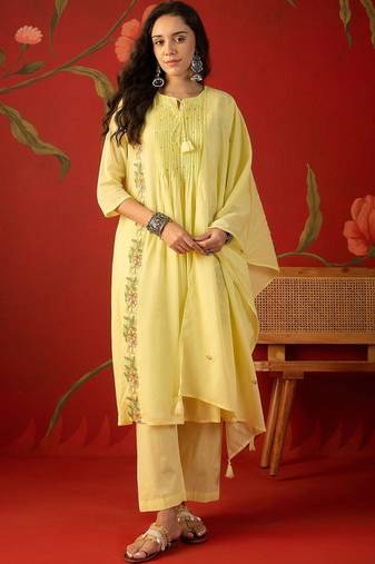 yellow floral embroidered   cotton stitched straight trouser salwar suit set