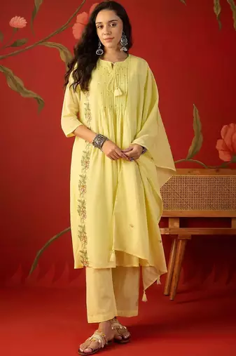 yellow floral embroidered   cotton stitched straight trouser salwar suit set