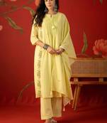 yellow floral embroidered   cotton stitched straight trouser salwar suit set