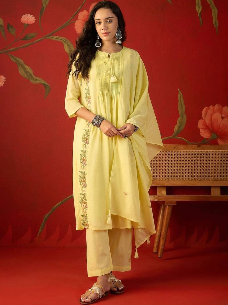 yellow floral embroidered   cotton stitched straight trouser salwar suit set
