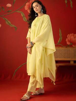 yellow floral embroidered   cotton stitched straight trouser salwar suit set 2