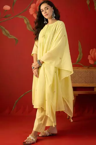 yellow floral embroidered   cotton stitched straight trouser salwar suit set