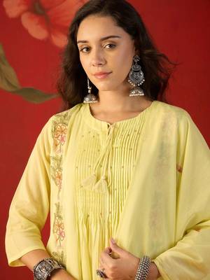 yellow floral embroidered   cotton stitched straight trouser salwar suit set 3