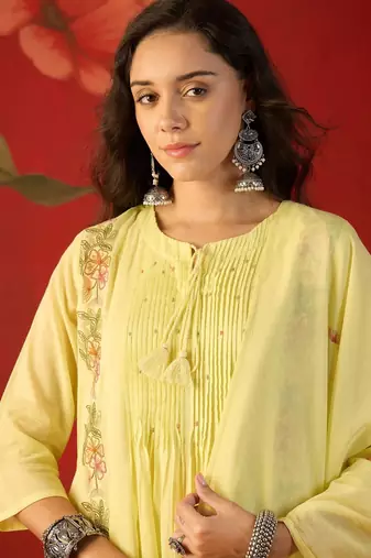 yellow floral embroidered   cotton stitched straight trouser salwar suit set
