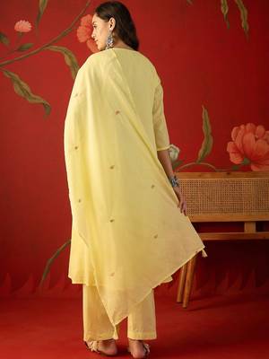 yellow floral embroidered   cotton stitched straight trouser salwar suit set 4