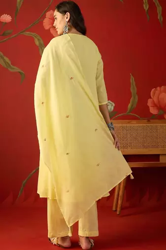 yellow floral embroidered   cotton stitched straight trouser salwar suit set