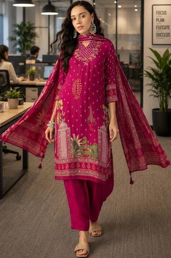 magenta ethnic motifs embroidered crepe stitched straight trouser salwar suit set
