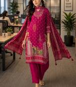 magenta ethnic motifs embroidered crepe stitched straight trouser salwar suit set