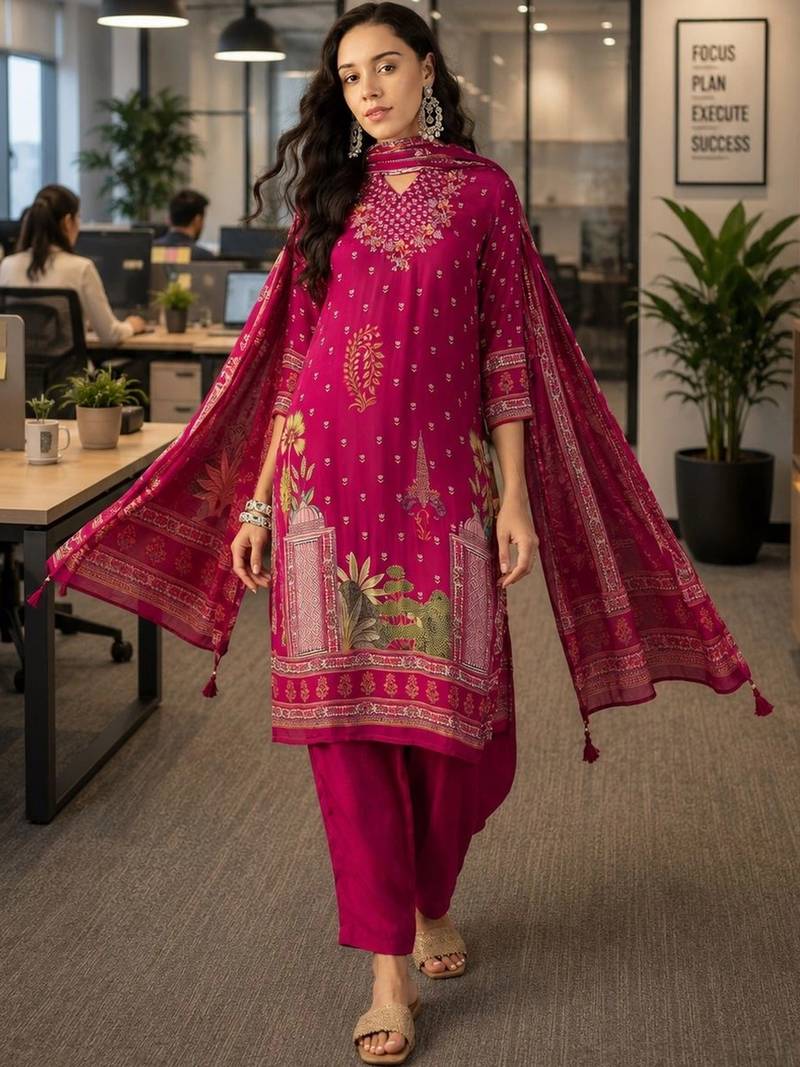 magenta ethnic motifs embroidered crepe stitched straight trouser salwar suit set