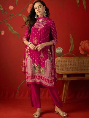 magenta ethnic motifs embroidered crepe stitched straight trouser salwar suit set 2