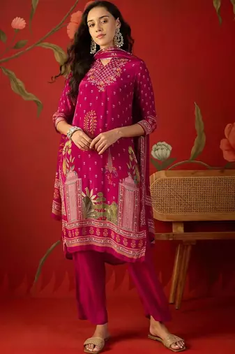 magenta ethnic motifs embroidered crepe stitched straight trouser salwar suit set