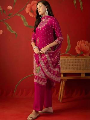 magenta ethnic motifs embroidered crepe stitched straight trouser salwar suit set 3