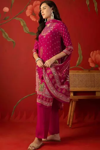 magenta ethnic motifs embroidered crepe stitched straight trouser salwar suit set