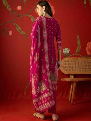 magenta ethnic motifs embroidered crepe stitched straight trouser salwar suit set 4