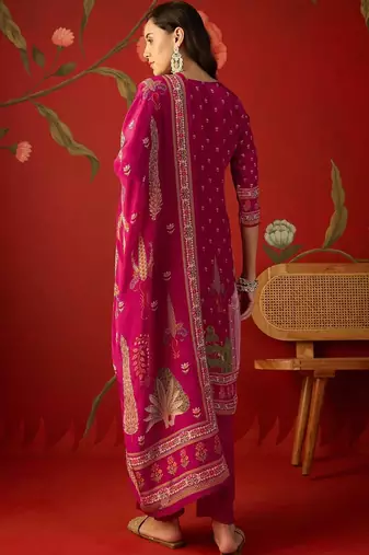 magenta ethnic motifs embroidered crepe stitched straight trouser salwar suit set