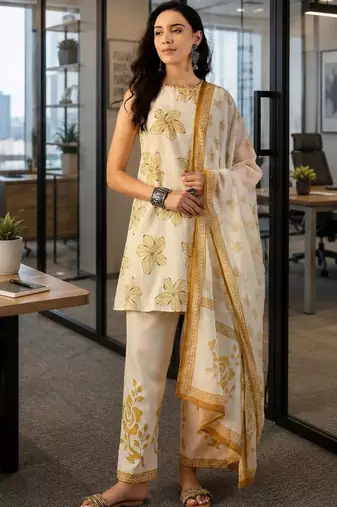 off-white floral printed   cotton stitched sleeveless straight trouser salwar suit set