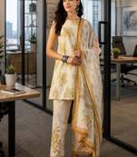 off-white floral printed   cotton stitched sleeveless straight trouser salwar suit set