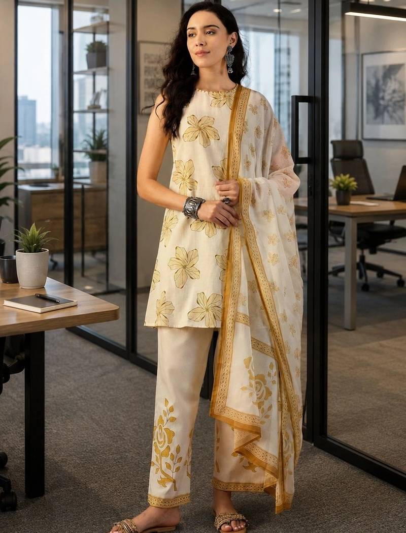 off-white floral printed   cotton stitched sleeveless straight trouser salwar suit set