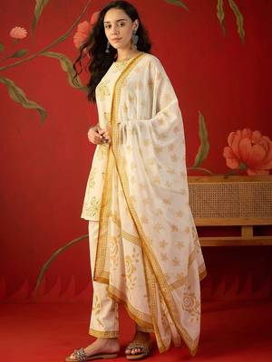 off-white floral printed   cotton stitched sleeveless straight trouser salwar suit set 2