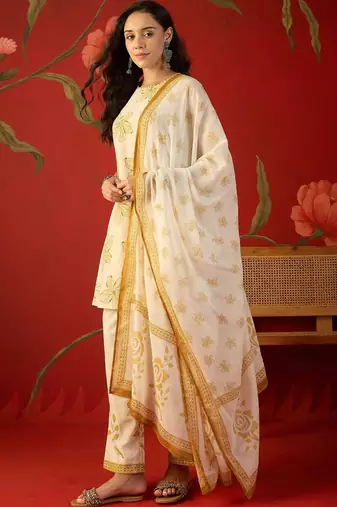 off-white floral printed   cotton stitched sleeveless straight trouser salwar suit set