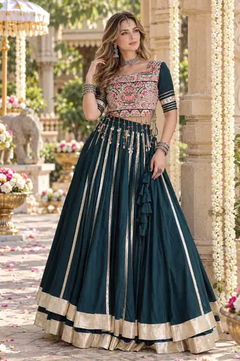 D Green Rayon Readymade Navratri Lehenga Choli with Mirror & Embroidery Work