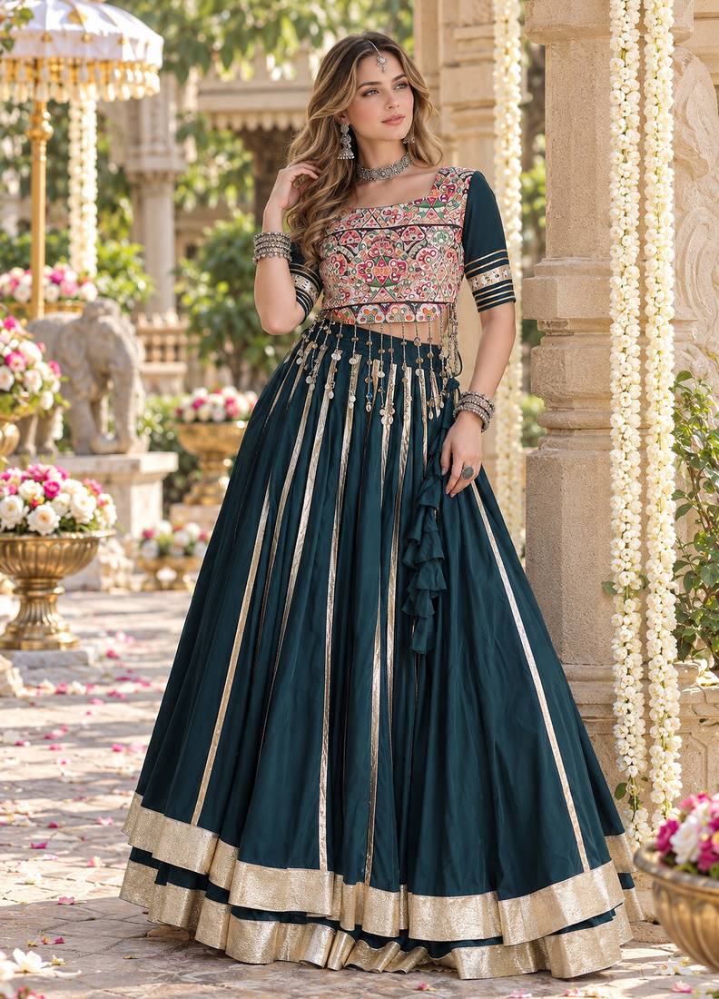 D Green Rayon Readymade Navratri Lehenga Choli with Mirror & Embroidery Work