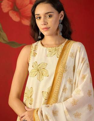 off-white floral printed   cotton stitched sleeveless straight trouser salwar suit set 3