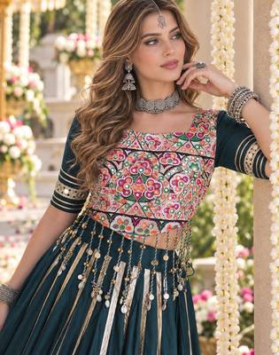 D Green Rayon Readymade Navratri Lehenga Choli with Mirror & Embroidery Work 2