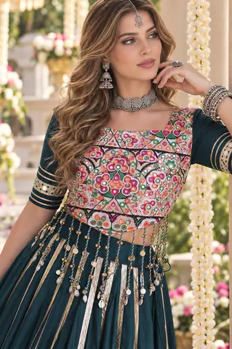 D Green Rayon Readymade Navratri Lehenga Choli with Mirror & Embroidery Work