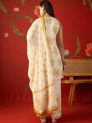 off-white floral printed   cotton stitched sleeveless straight trouser salwar suit set 4