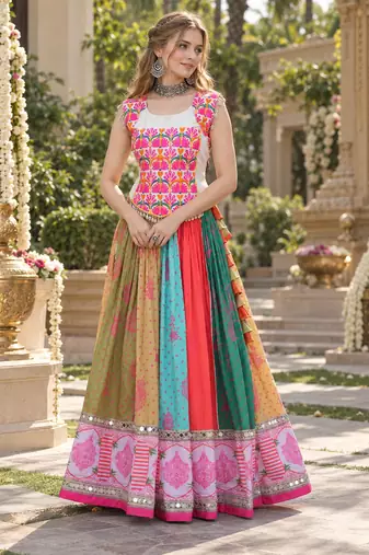 Multi Cotton Readymade Navratri Lehenga Choli with Kutchi & Embroidery Work