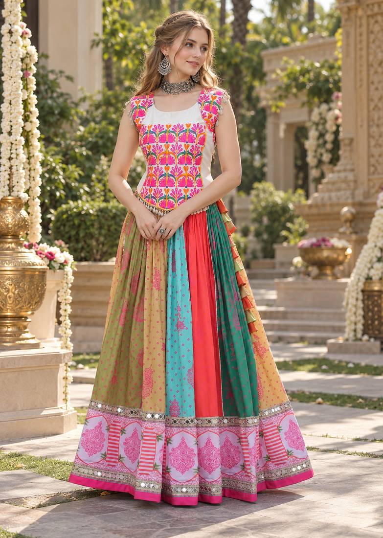 Multi Cotton Readymade Navratri Lehenga Choli with Kutchi & Embroidery Work
