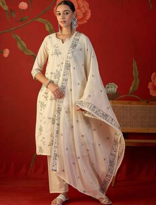 off-white floral embroidered   cotton stitched straight palazzo salwar suit set 1