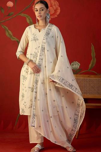 off-white floral embroidered   cotton stitched straight palazzo salwar suit set