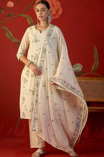 off-white floral embroidered   cotton stitched straight palazzo salwar suit set