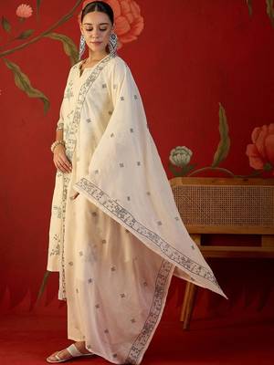 off-white floral embroidered   cotton stitched straight palazzo salwar suit set 2
