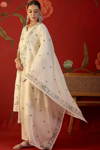 off-white floral embroidered   cotton stitched straight palazzo salwar suit set