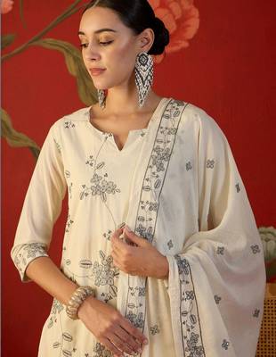 off-white floral embroidered   cotton stitched straight palazzo salwar suit set 3