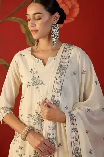 off-white floral embroidered   cotton stitched straight palazzo salwar suit set