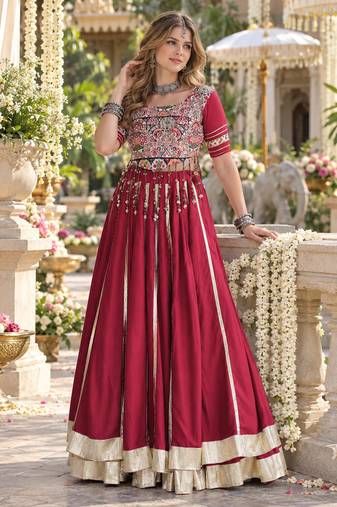 Maroon Rayon Readymade Navratri Lehenga Choli with Mirror & Embroidery Work