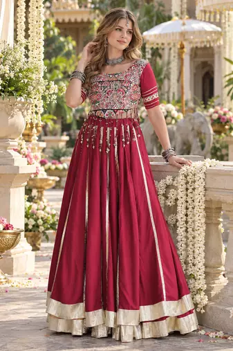Maroon Rayon Readymade Navratri Lehenga Choli with Mirror & Embroidery Work