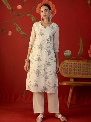 off-white floral embroidered   cotton stitched straight palazzo salwar suit set 4