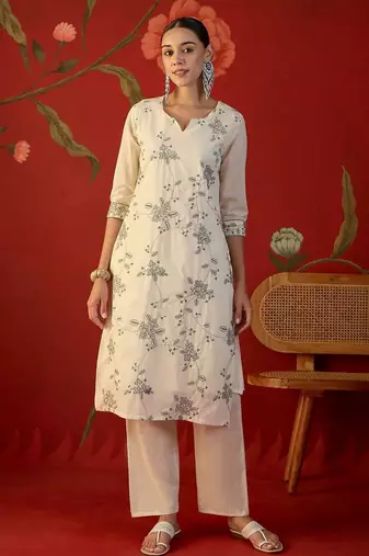 off-white floral embroidered   cotton stitched straight palazzo salwar suit set