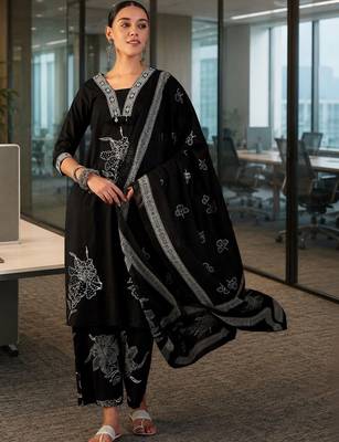 black floral thread work   cotton stitched straight palazzo salwar suit set 1